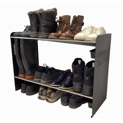 Rakabot Signature 2 tier chic and classy water and mud collecting shoe and boot rack that stores 7 pairs. Stainless steel shelves. Powder coated mate black side panels. For a perfect entrance all year long. Made In Canada Invention.