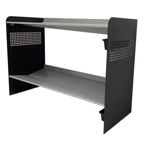 Rakabot Signature 2 tier chic and classy water and mud collecting shoe and boot rack that stores 7 pairs. Powder coted grey shelves. Powder coated mate black side panels. For a perfect entrance all year long. Made In Canada Invention.