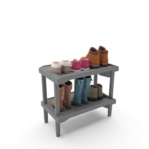 Rakabot Plastico 2 tier affordable water and mud collecting shoe and boot rack that stores 4 pairs. Stackable to 6 tier. Sturdy plastic easy to clean. Light grey color. Made In Canada Invention.