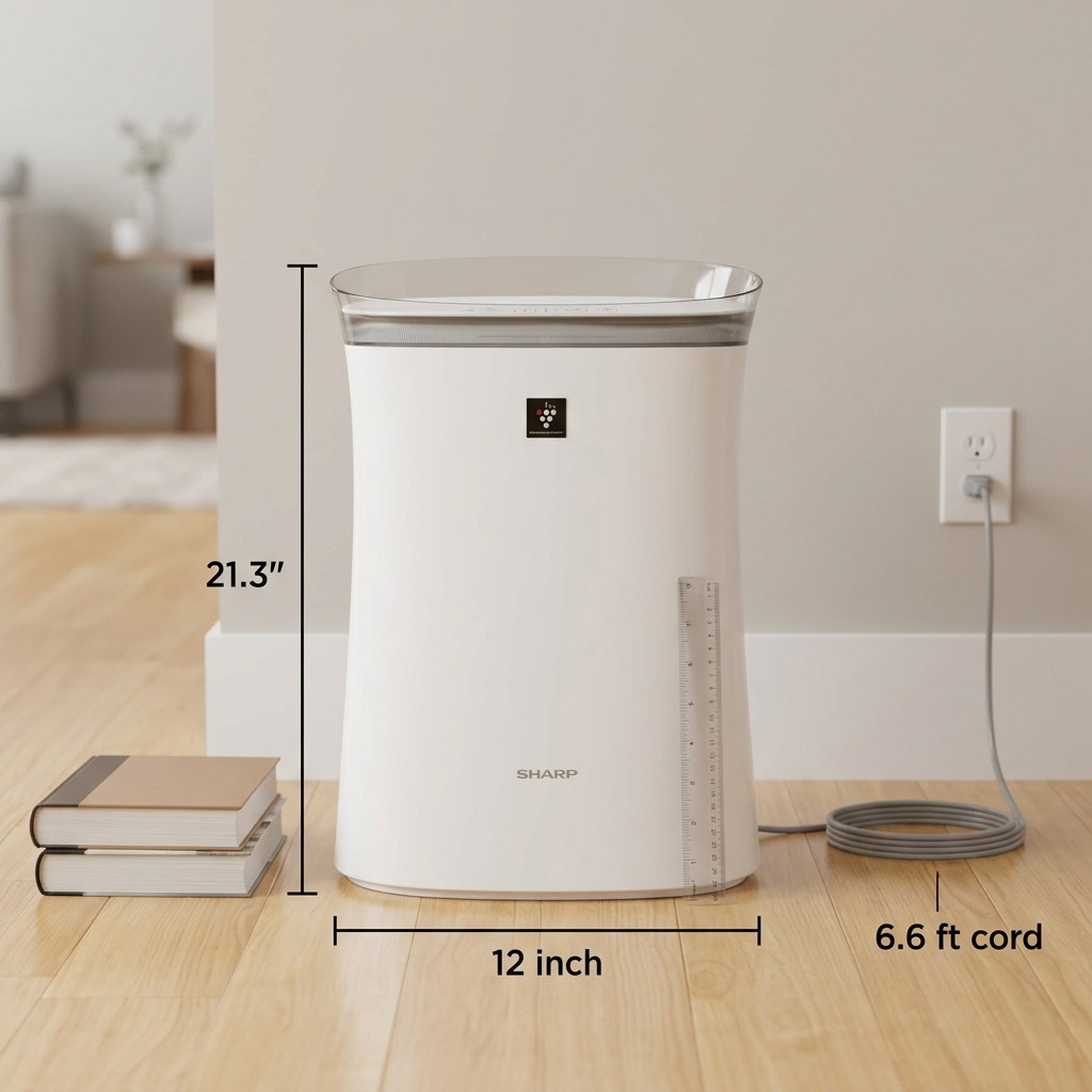 A scale reference photo showing the SHARP FPK50UW air purifier near household items.