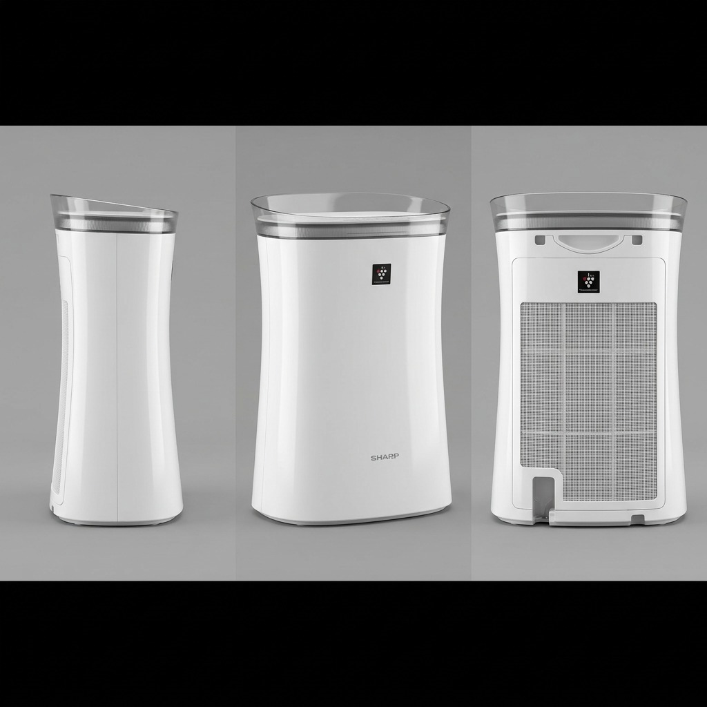 Variant matrix displaying the SHARP FPK50UW air purifier (HEPA, Plasmacluster) from front, side, and rear angles on a neutral gray background.