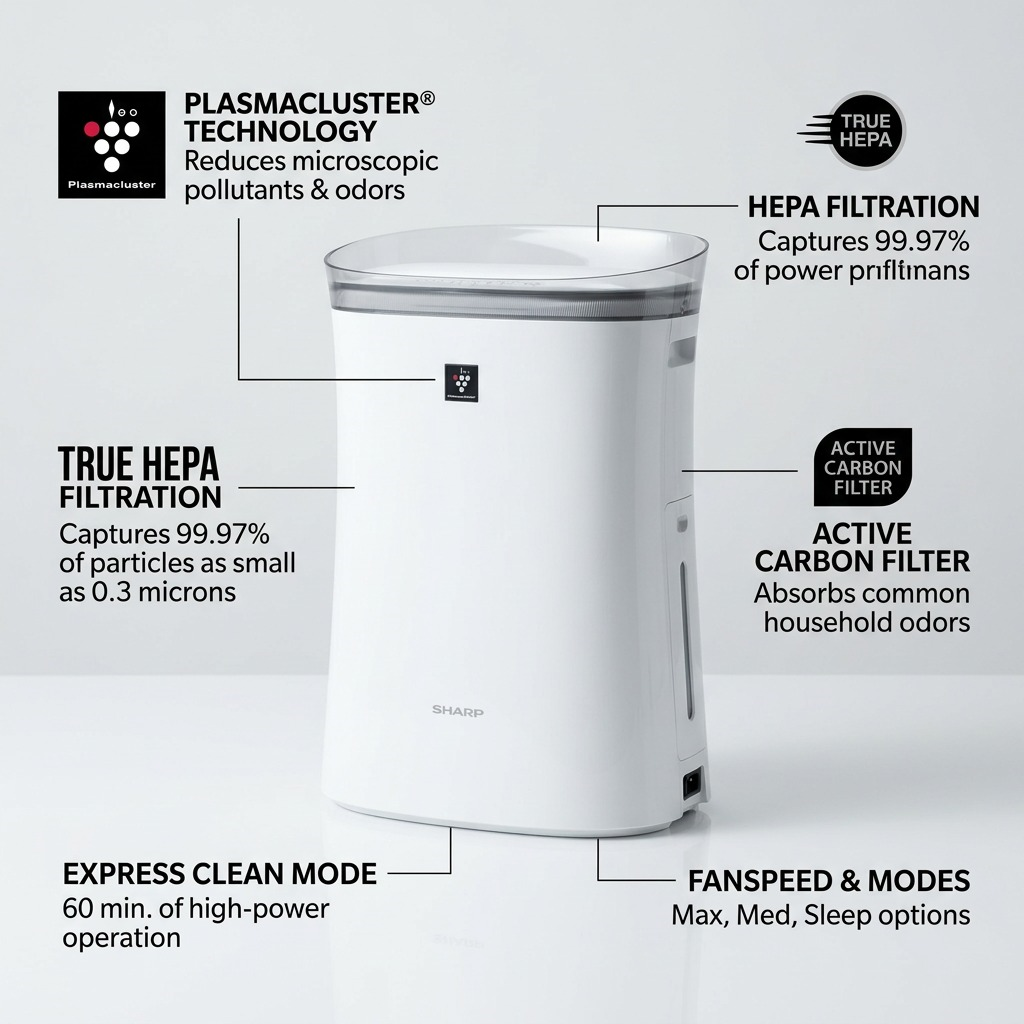 Ecommerce graphic showing operational features of the SHARP FPK50UW air purifier with True HEPA and Plasmacluster technology.