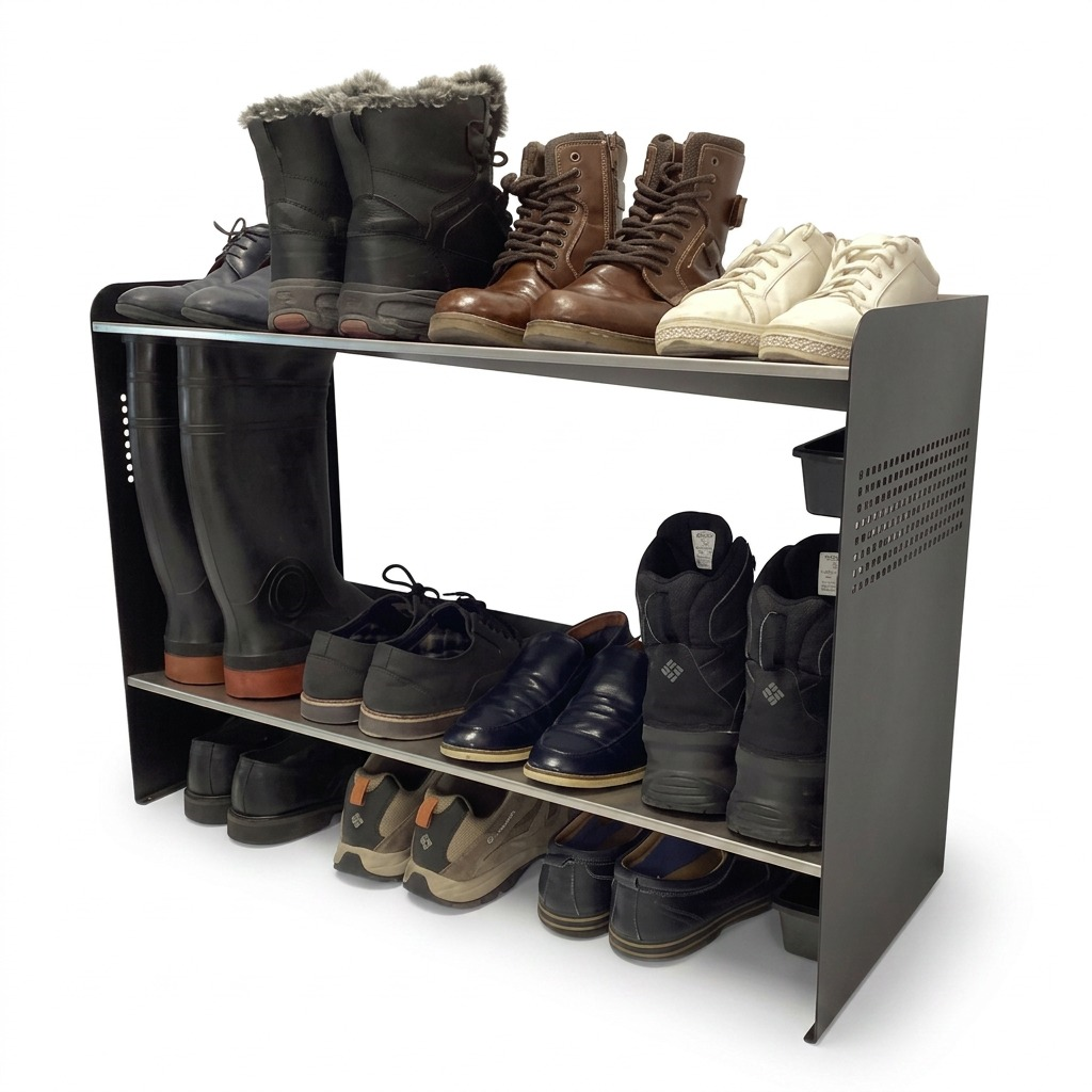A crisp hero shot of the Rakabot Signature 2 tier shoe and boot rack with multi-colored footwear, set on a pure white background.