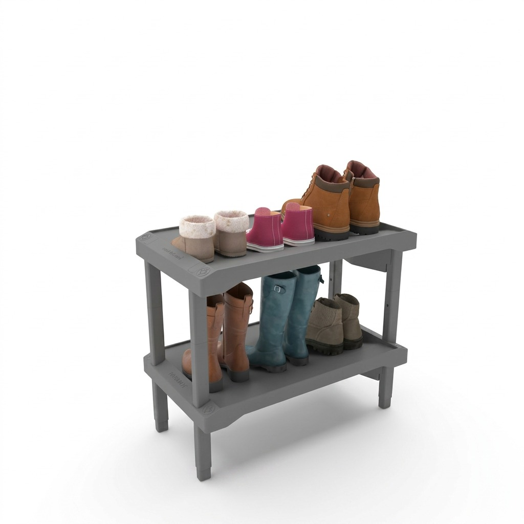 A light grey, 2-tier Rakabot plastic shoe rack holding eight pairs of shoes and boots, centered on a white background.