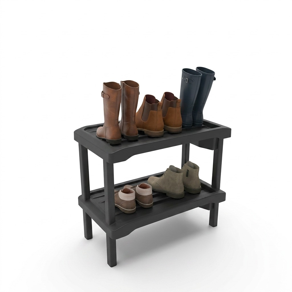 RAKABOT Plastico dark grey 2-tier shoe/boot rack holding 4 pairs including tall boots. 396