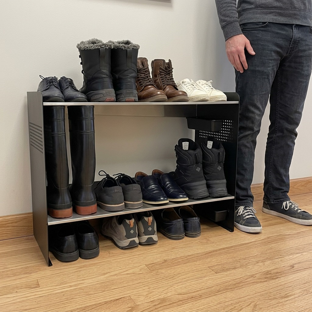 A loaded Rakabot Signature 2-tier shoe rack sits on wood flooring next to an adult male, providing a clear scale reference in a residential entryway.