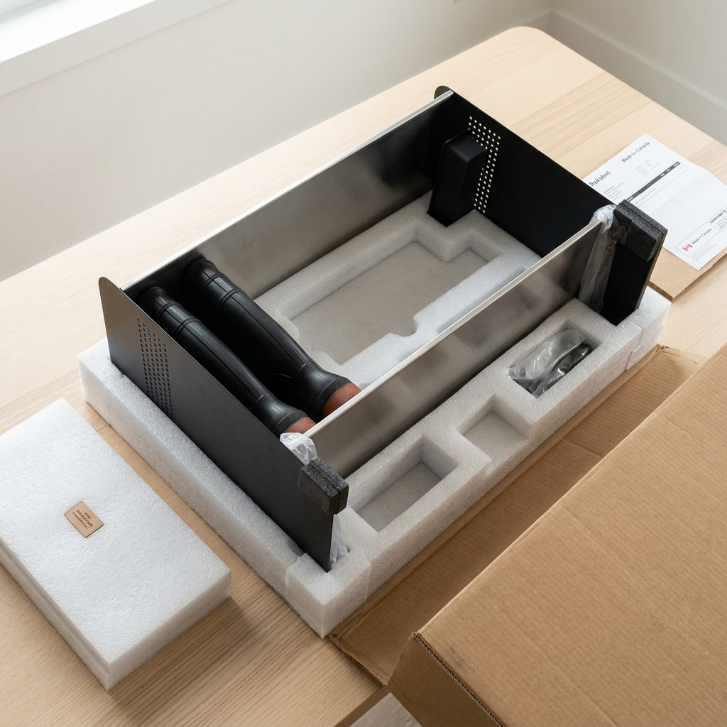 A detailed view of the Rakabot Signature shoe rack being carefully unboxed from secure packaging.