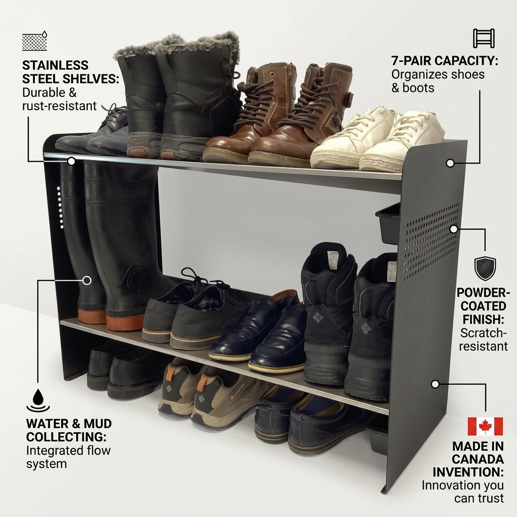 PDP visual matrix showing the Rakabot Signature 2-Tier shoe rack with feature callouts and pointe lines.