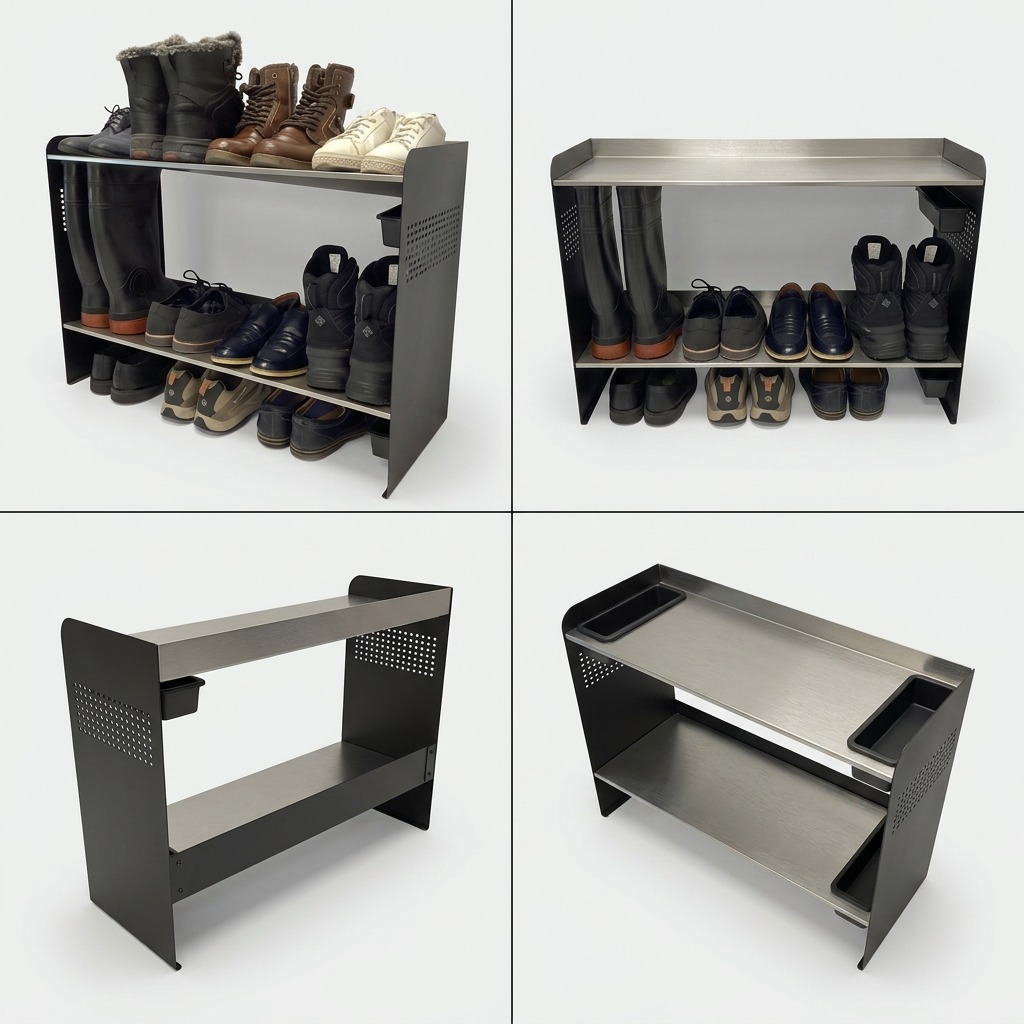 A visually clean four-quadrant grid showing the custom Rakabot Signature 2-tier shoe or boot rack from multiple key viewing angles.