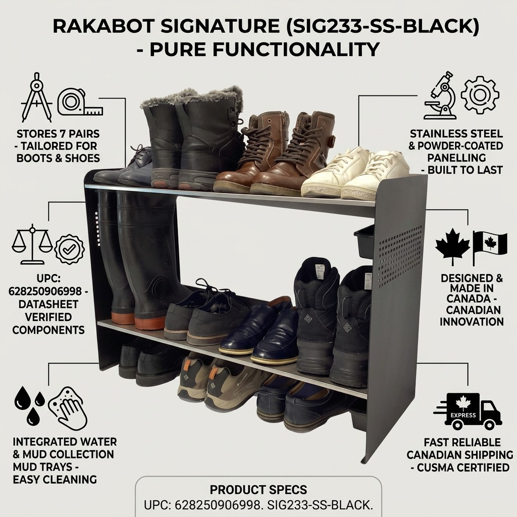 Infographic for Rakabot shoe rack highlights features like Canadian made, durable build, and shipping info.