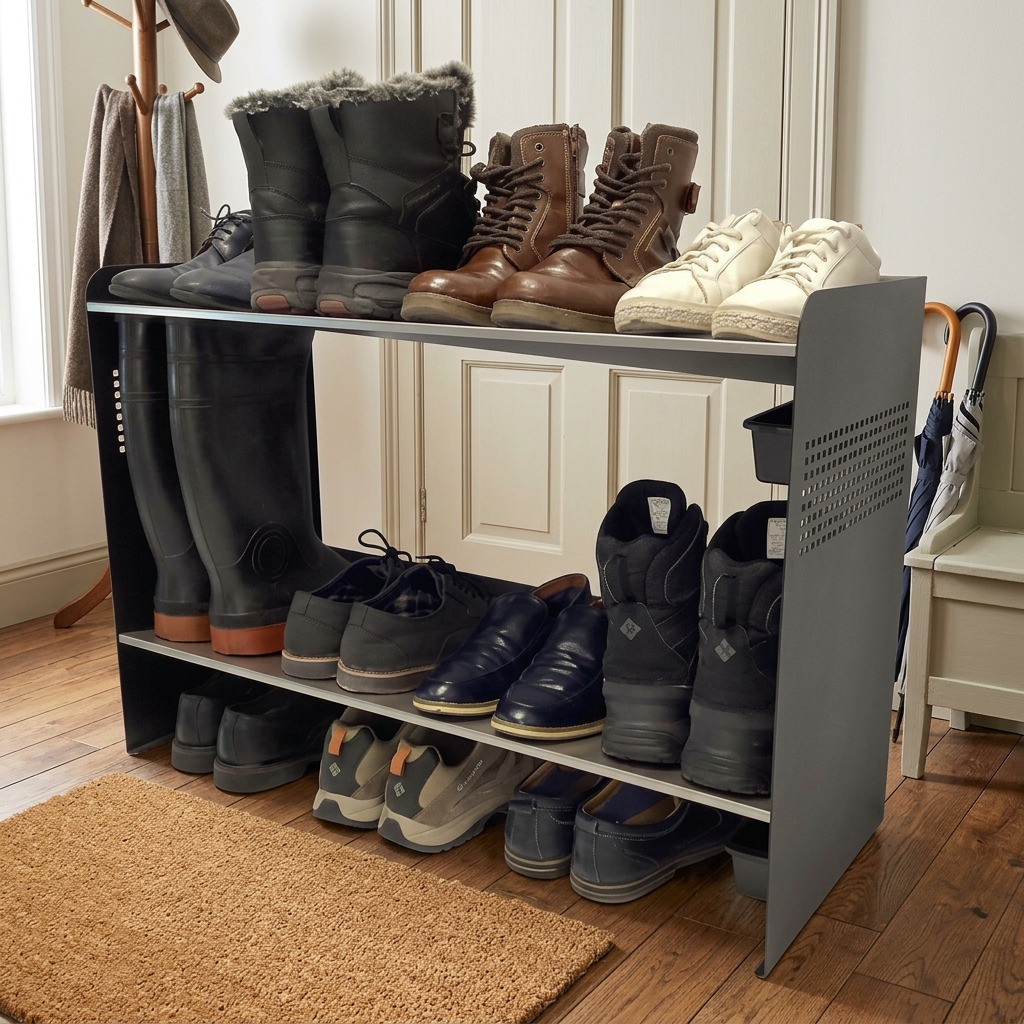 Realistic lifestyle photo of the dark gray Randmar metal shoe rack filled with various footwear, positioned in a neat, well-lit mudroom or entryway with hardwood floors and a woven doormat.