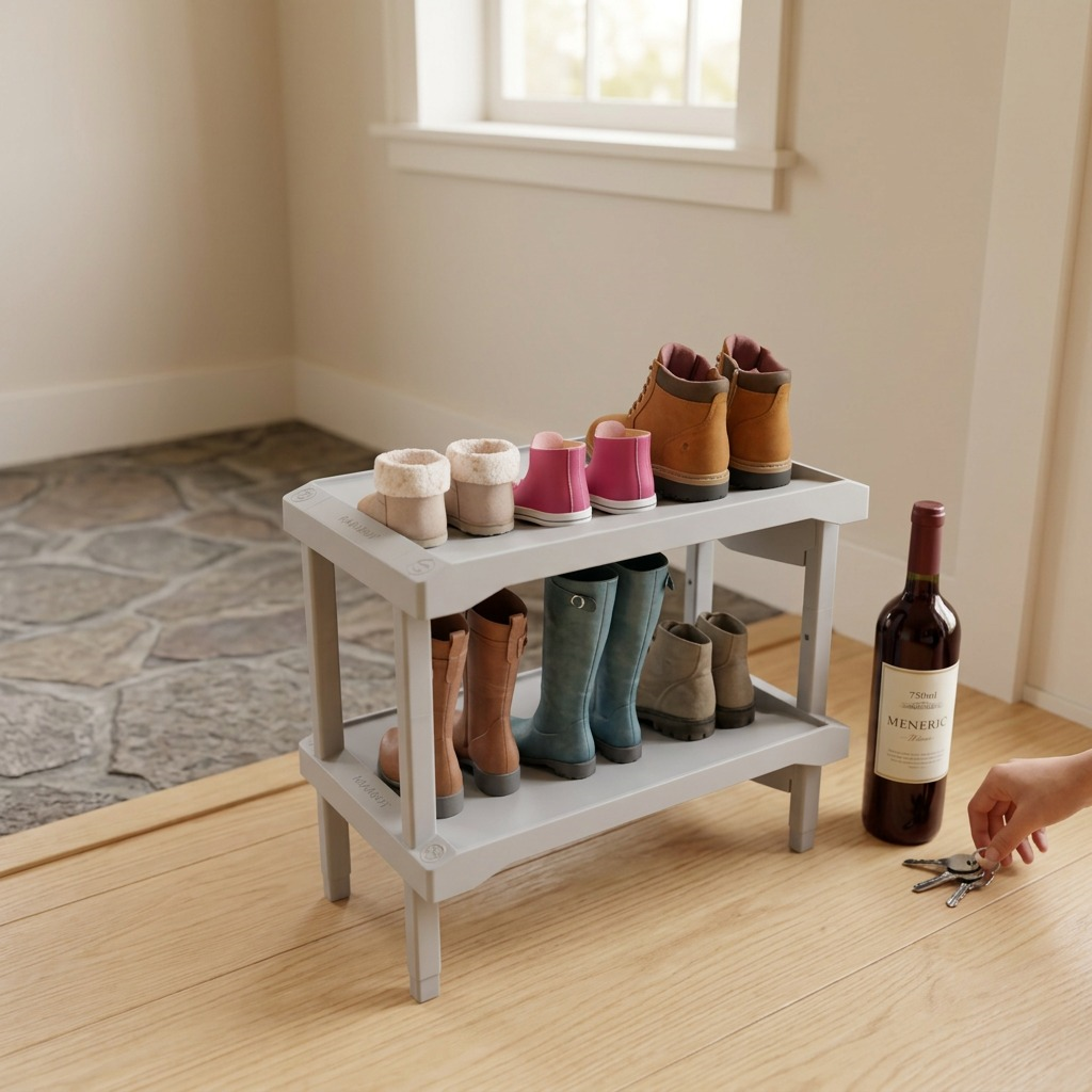Scale reference photo: The light gray Rakabot Plastico shoe rack sits on a hardwood floor beside a standard wine bottle, showcasing its compact size and two-tier design holding several pairs of boots.<ctrl46>