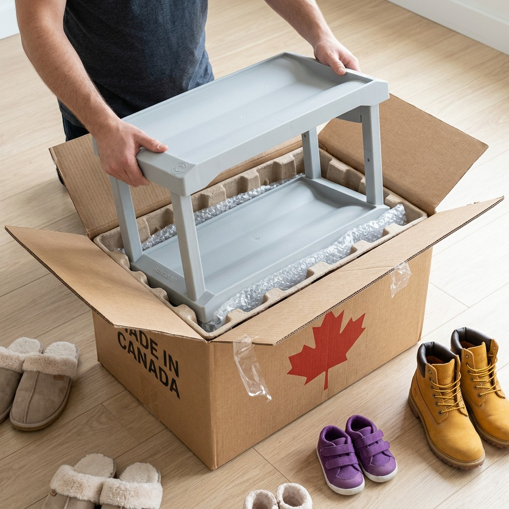 Unboxing Rakabot Plastico shoe rack from a protectively packed shipping box.