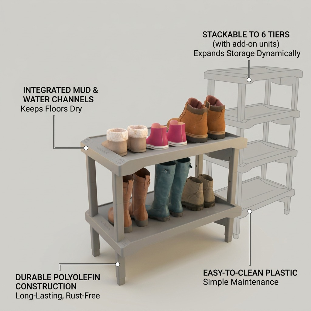 A 3D product render graphic with four pointers calling out the operational benefits of the Rakabot.