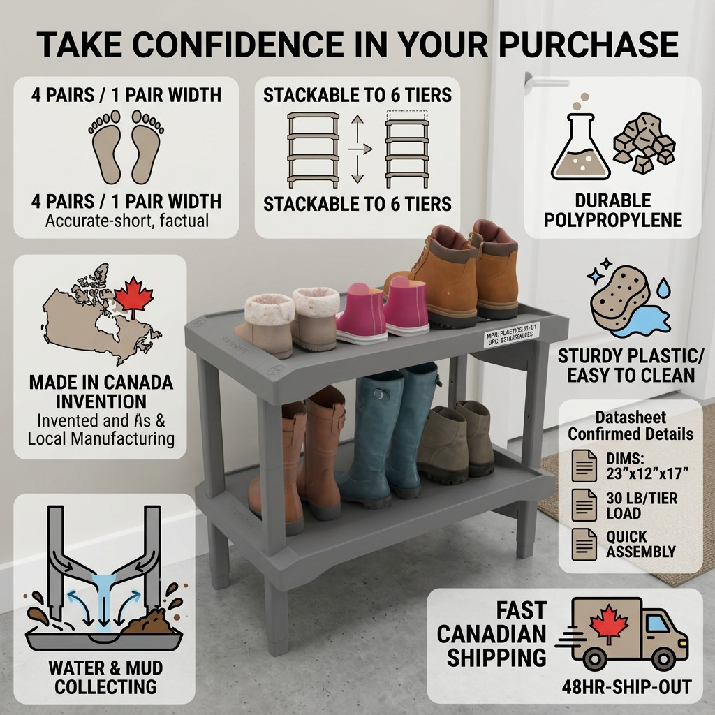 Factual infographic for Rakabot Plastico shoe rack featuring key specs, Canadian origin, and shipping info.