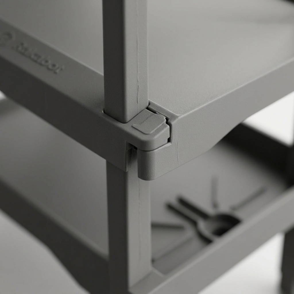 Macro photo detailing the sturdy, interlocking plastic connective joint on a grey Rakabot shoe rack.