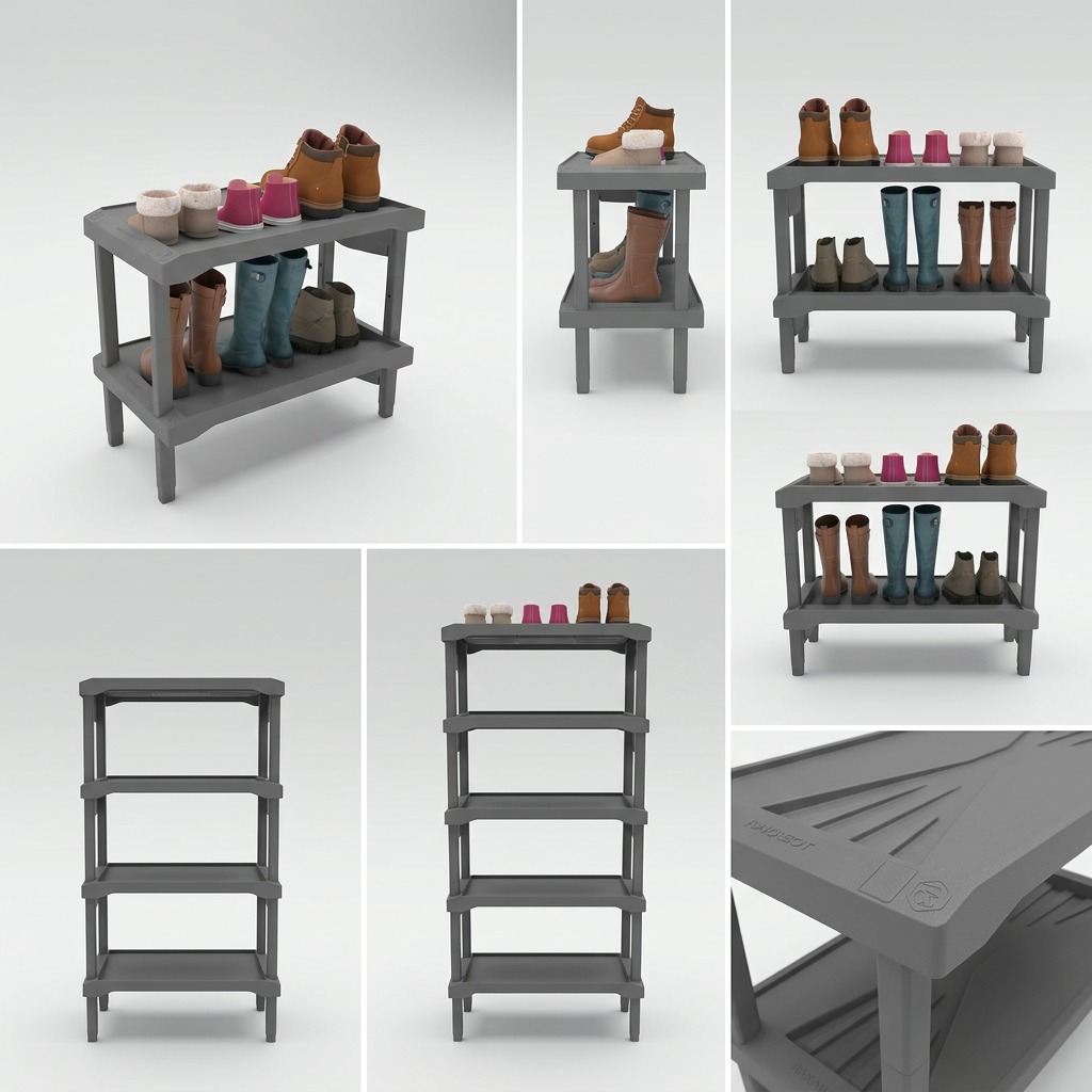 Visual matrix for Rakabot Plastico 2-tier shoe rack with 4, 6 and 8-tier configurations.
