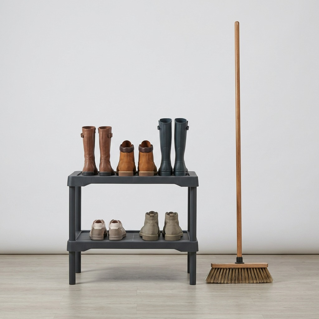 A full-body side view photograph of a woman standing next to the plastic 2-tier Rakabot shoe rack for scale comparison.