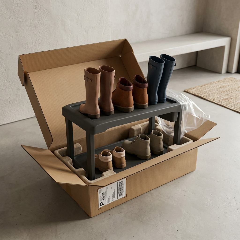 High-quality photo shows the 2-tier Rakabot shoe rack (PLASTICO-2L-A1) partially unboxed from premium protective shipping materials.