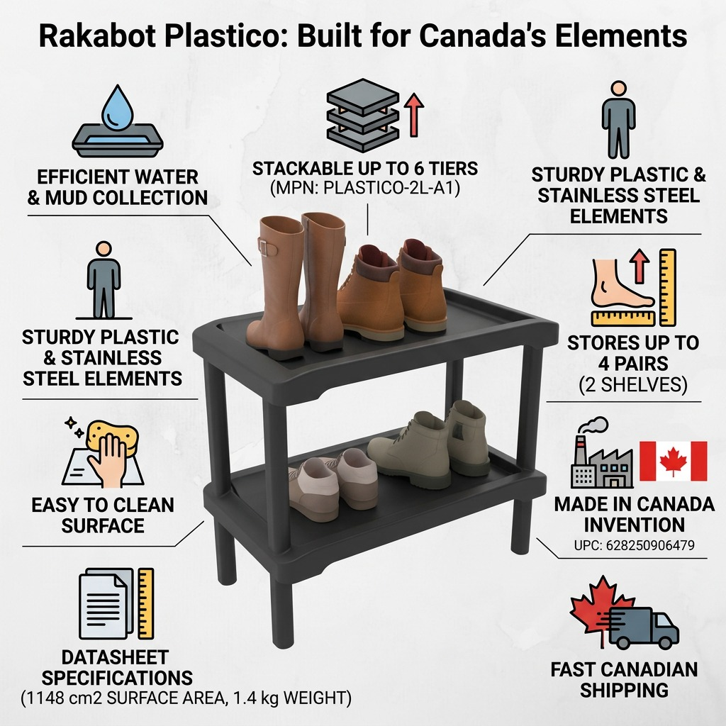 Trust and authority PDP infographic for Rakabot Plastico 2L-A1, a durable Canadian-made shoe and boot rack with water management.