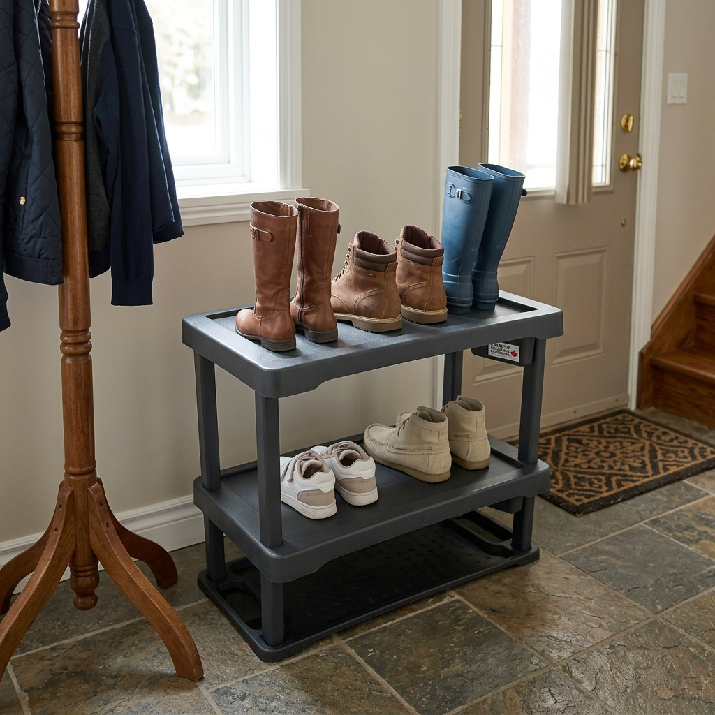 Rakabot 2-tier dark grey shoe rack in a mudroom entry holding boots, shoes, and near a coat rack.