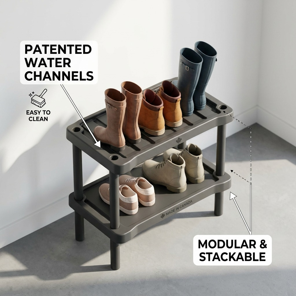 An isometric feature callout graphic detailing the water-collecting channels, ease of cleaning, stackable design, and Canadian manufacturing of the 2-tier Rakabot Plastico.
