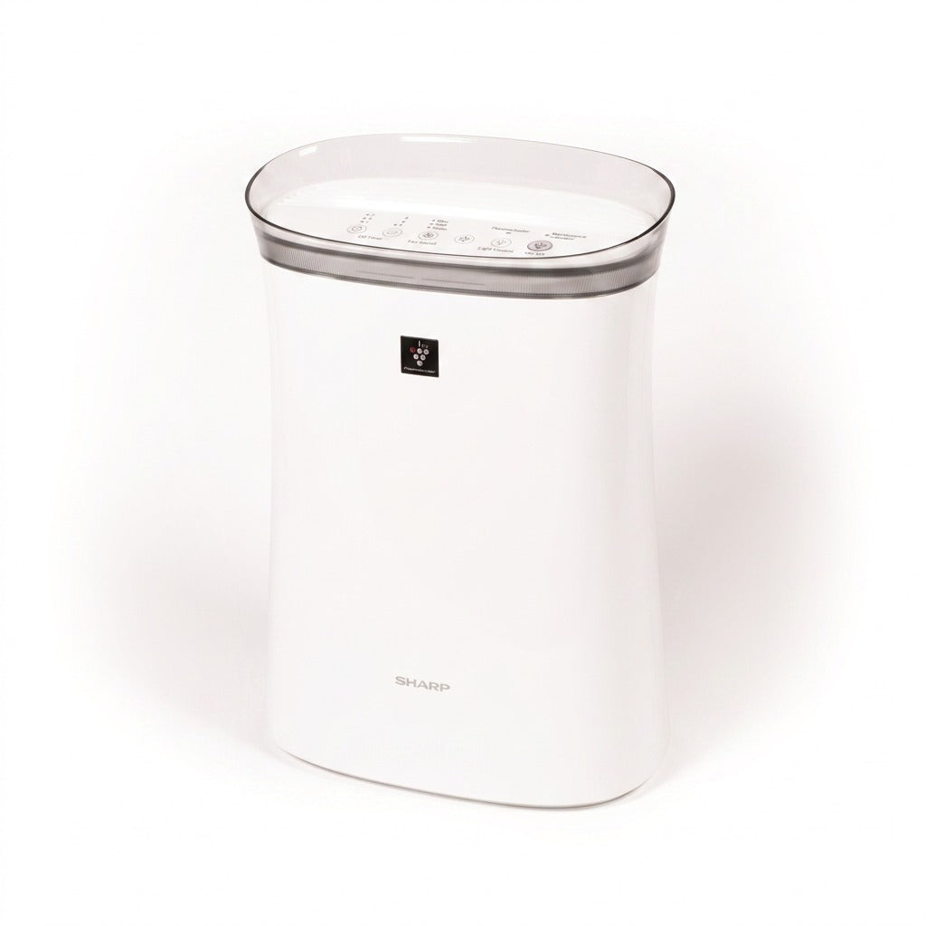 White Sharp FPK50UW Plasmacluster Ion Air Purifier featuring a sleek matte finish and top controls.