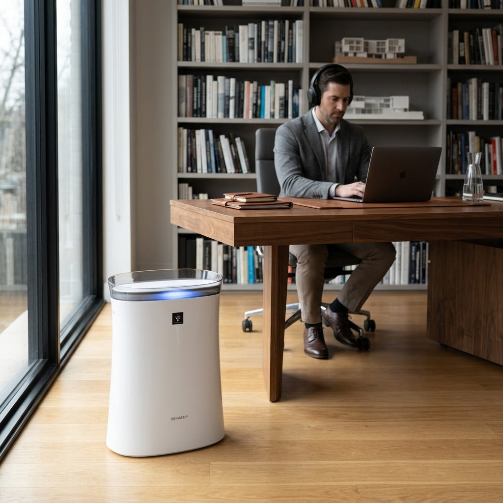White Sharp FPK50UW air purifier in a modern home office with a person working at a desk.