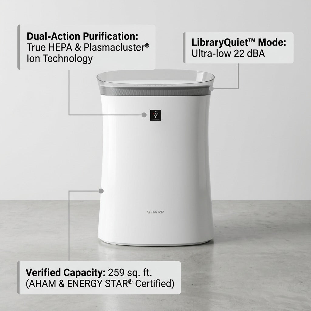 Sharp FPK50UW Air Purifier feature matrix highlighting HEPA/Plasmacluster tech, 22 dBA quiet mode, and 259 sq. ft. capacity.