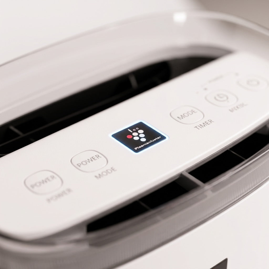 Macro view of the Sharp FPK50UW air purifier control panel and glowing Plasmacluster indicator.