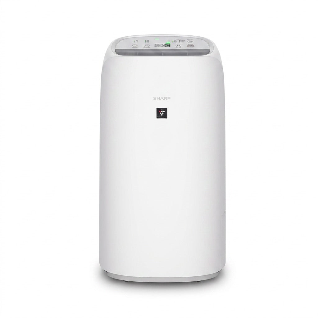 White SHARP KCP110CW Smart HEPA Air Purifier and Humidifier with digital display on white background.