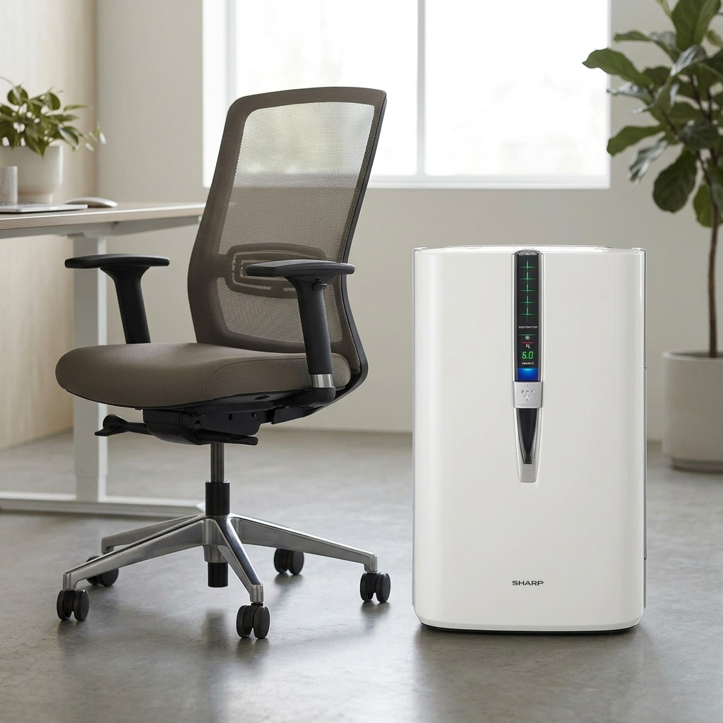 A visual scale comparison showing the SHARP KC860U air purifier correctly proportioned beside a standard ergonomic desk chair in a sleek, minimalist home office.