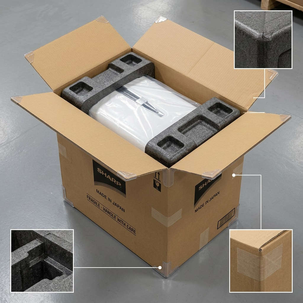 Scene from above showing the SHARP KC860U securely packed within a robust shipping box with protective corner pieces and foam padding, ensuring safe arrival.