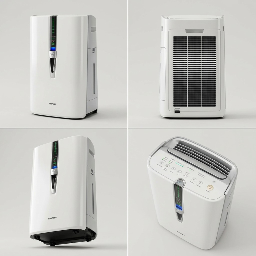Four views of the Sharp KC860U air purifier, showing different angles and features in a grid layout.