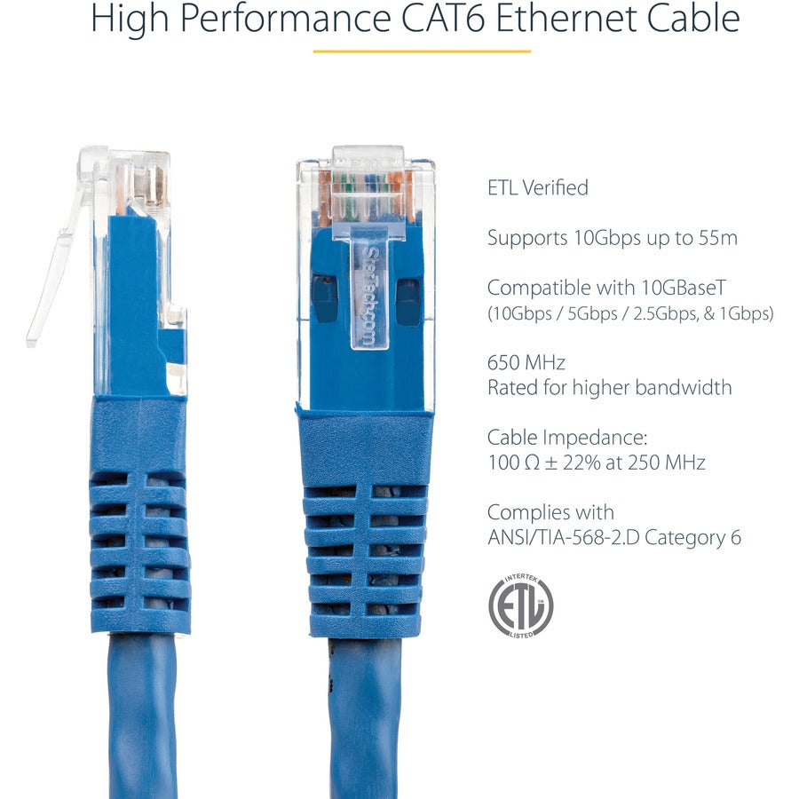 StarTech.com 75ft CAT6 Ethernet Cable - Blue Molded Gigabit - 100W PoE UTP 650MHz - Category 6 Patch Cord UL Certified Wiring/TIA