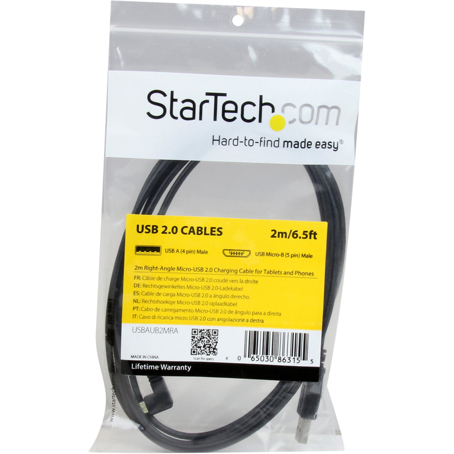 StarTech.com 2m 6 ft Right Angle Micro-USB Charge and Sync Cable M/M - USB 2.0 A to Micro USB - 24 AWG