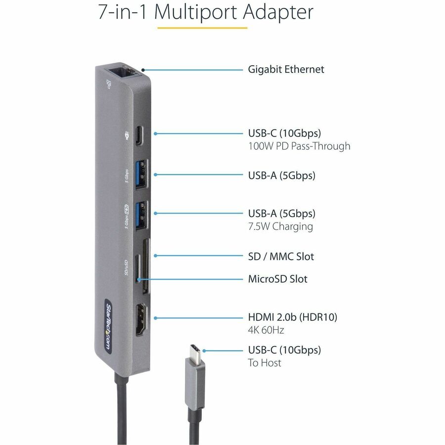 StarTech.com USB C Multiport Adapter, USB-C to 4K 60Hz HDMI 2.0, 100W PD Pass-through, SD, USB, GbE, USB Type-C Mini Dock, 12" Long Cable