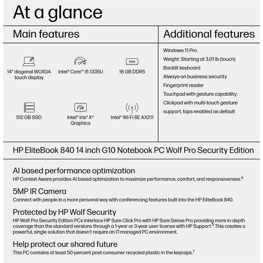 HP EliteBook 840 G10 14" Touchscreen Notebook - WUXGA - Intel Core i5 13th Gen i5-1335U - 16 GB - 512 GB SSD - English Keyboard