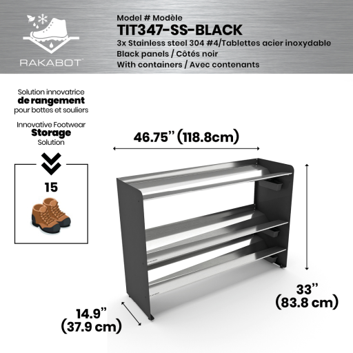 Commercial rustproof shoe and boot rack / 3 Tier / Shelf 46.25" stainless / Mate black  / Store 15 pairs / Rakabot Titan