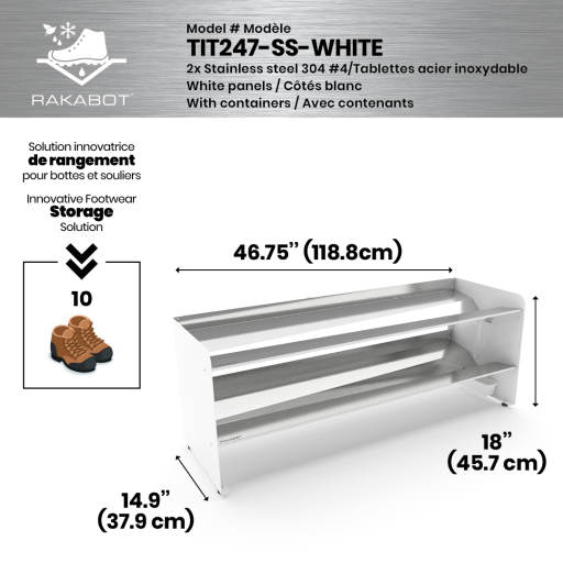 Commercial rustproof shoe and boot rack / 2 Tier/ Shelf 46.25" stainless / White panels / Store 10 pairs / Rakabot Titan