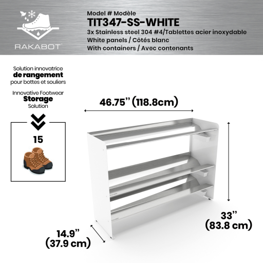 Commercial rustproof shoe and boot rack / 3 Tier / Shelf 46.25" stainless / Whitepanels /  Store 15 pairs / Rakabot Titan