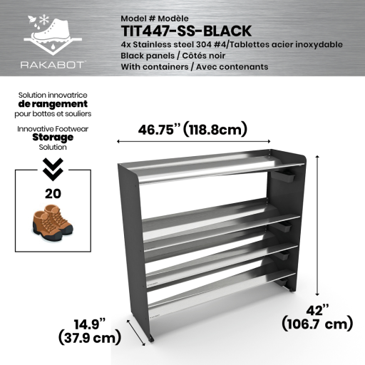 Commercial rustproof shoe and boot rack / 4 Tier / Shelf 46.25" STAINLESS / Mate black  panels / Store 20 pairs / Rakabot Titan