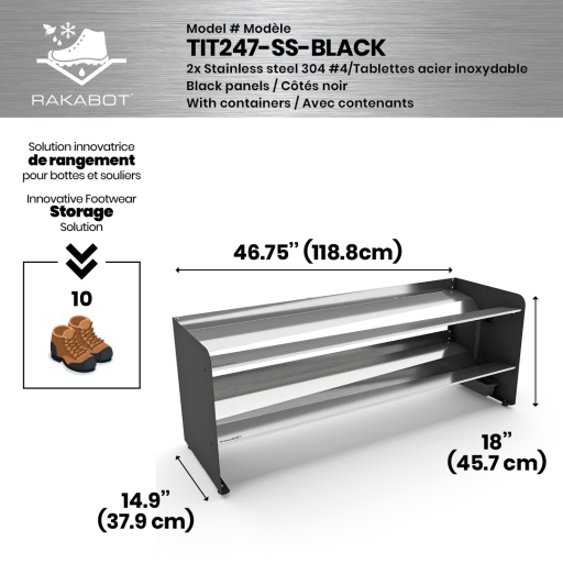 Commercial rustproof shoe and boot rack / 2 Tier / Shelf 46.25" stainless / Mate black  / Levelers / Store 10 pairs / Rakabot Titan