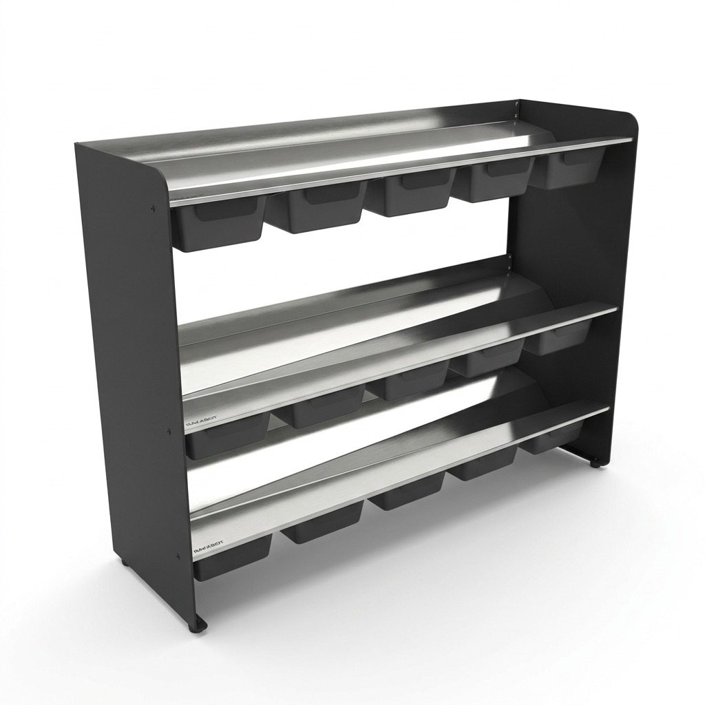 A premium high-resolution ecommerce hero shot of the Rakabot TIT347-SS-BLACK, a 3-tier stainless steel and matte black storage rack, empty, against a pure white background.