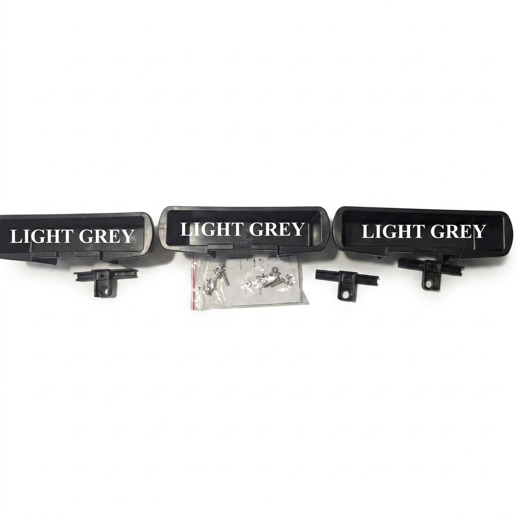 RAKABOT TITAN 3 light grey storage containers and hooks kit with mounting hardware for wall shelves.