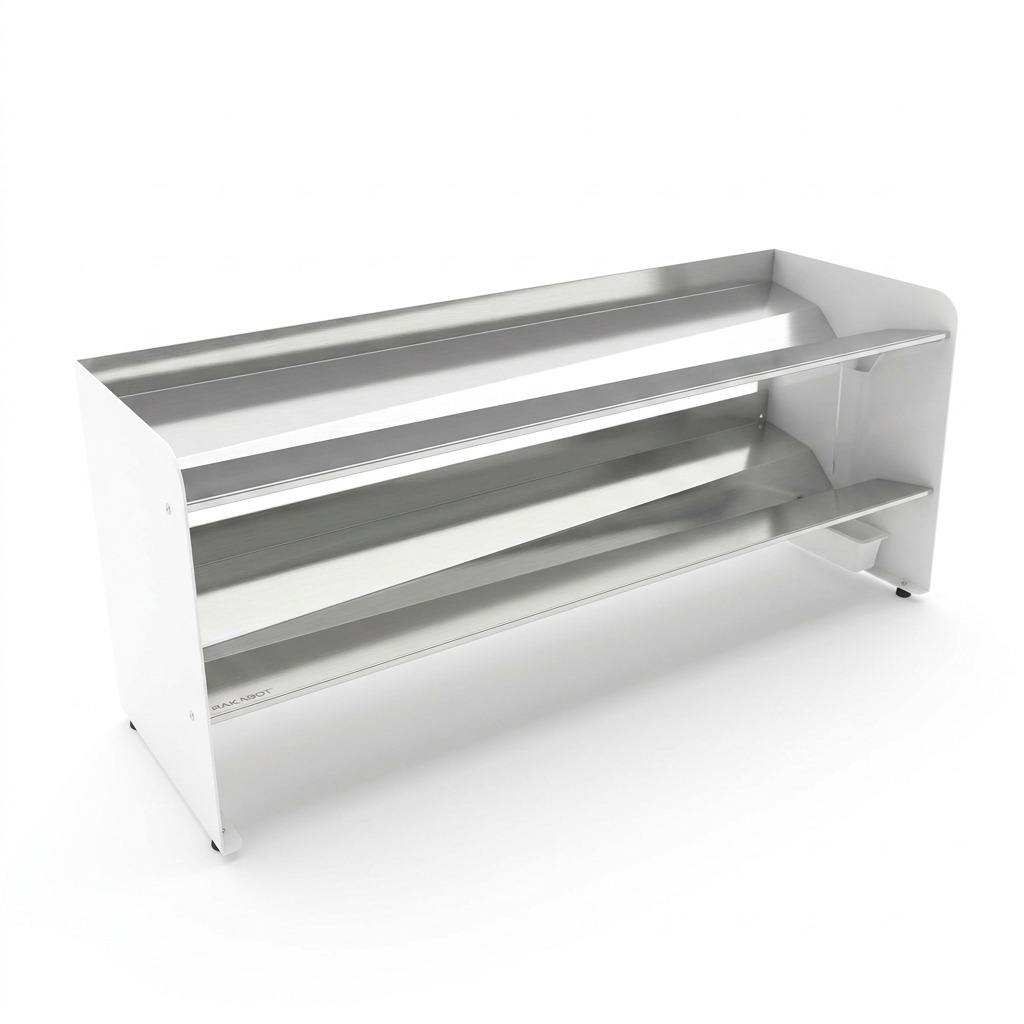 \nHero shot of the RAKABOT TIT247-SS-WHITE, a 2-tier white and stainless steel footwear rack.\n