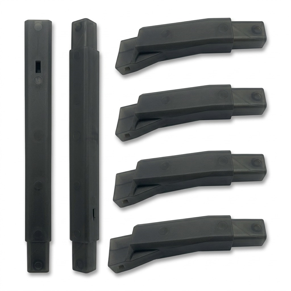 Four dark, angular RAKABOT plastic legs for a Boot Rack, fanned on a pure white background.