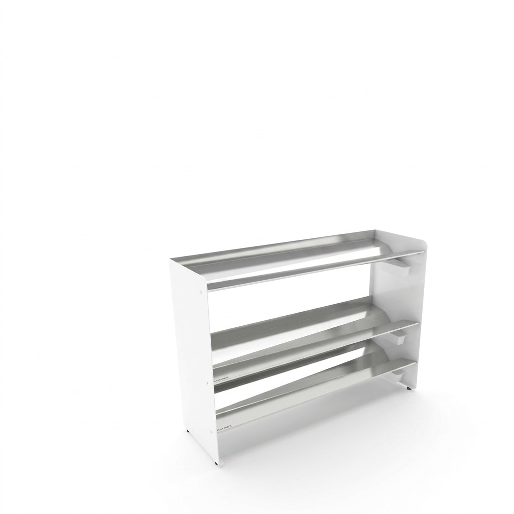 High-resolution hero shot of the white 3-tier RAKABOT stainless steel shoe and boot rack against a white background.