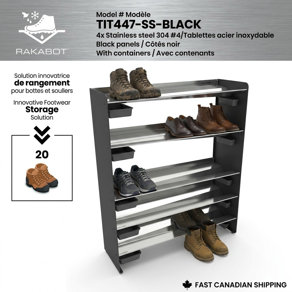 Rakabot Titan 4-tier stainless steel shoe and boot rack with matte black side panels.