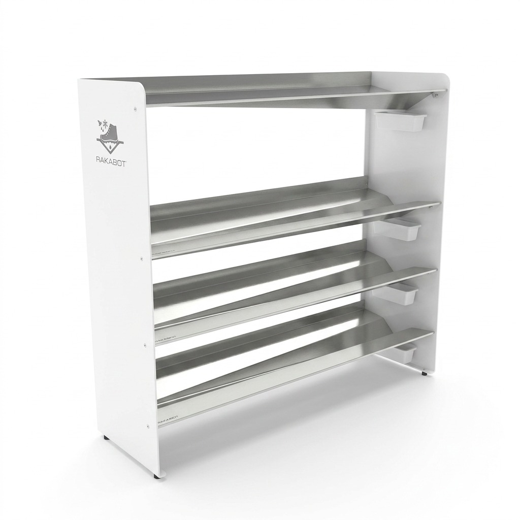 RAKABOT Titan white & stainless 4-tier shoe & boot drying rack hero shot.